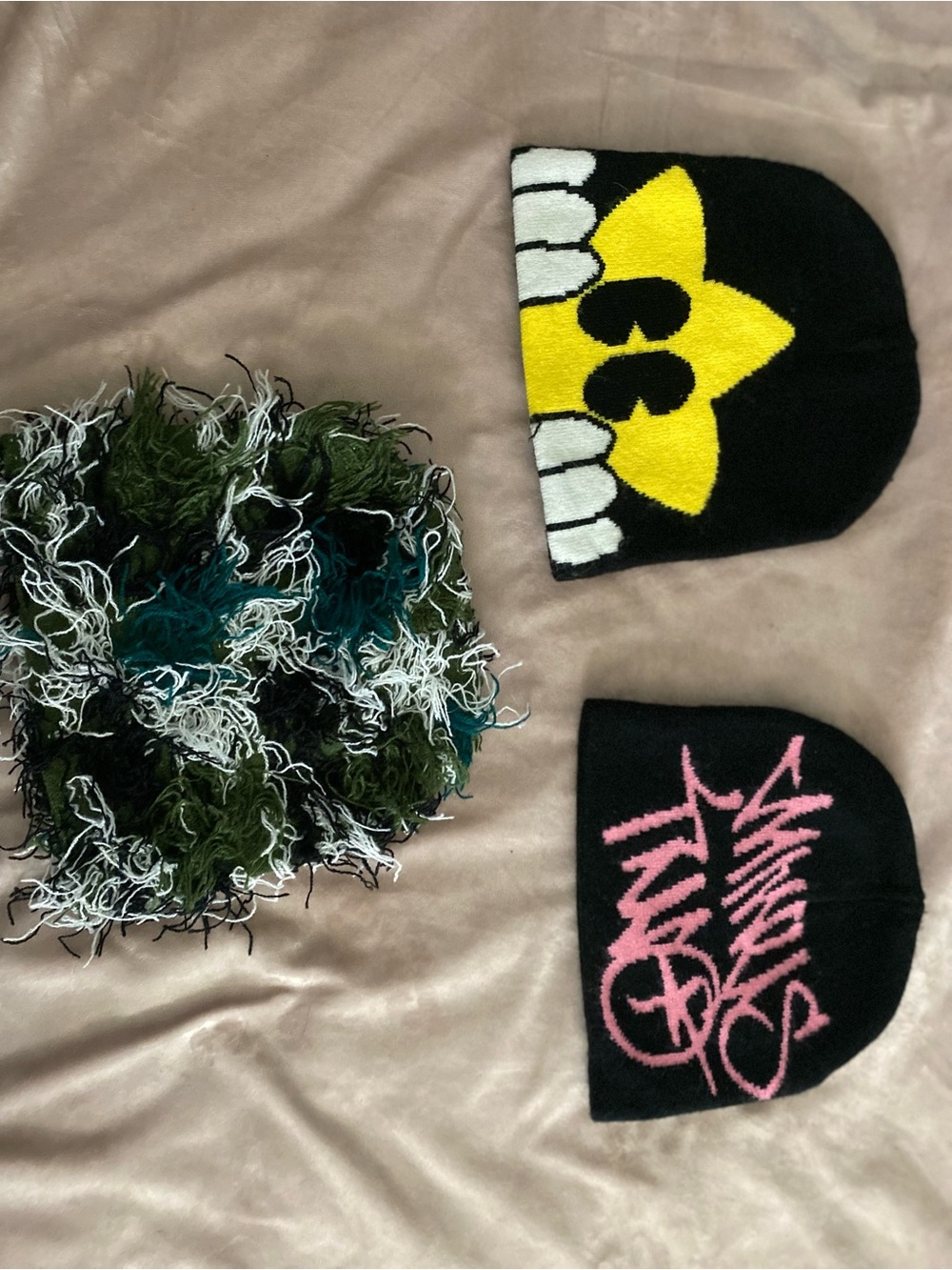 3 Piece Black Beanies with graphics